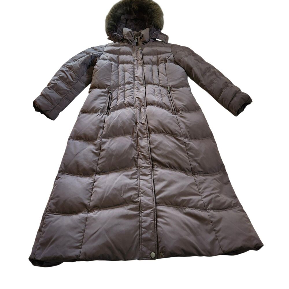 Jones New York Long Dark Gray Down Faux Fur Hooded Maxi Winter Puffer Coat Sz XL